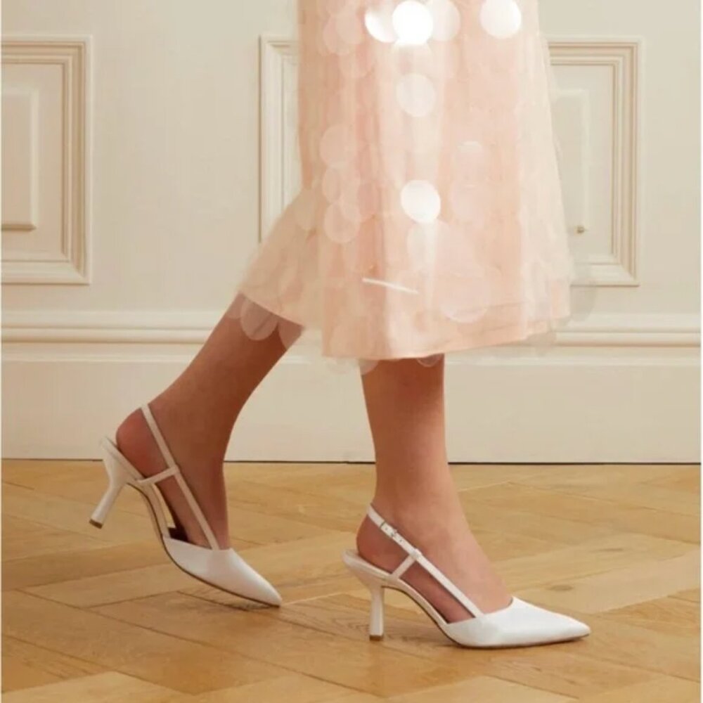 Porte & Paire White Satin Slingback Pumps